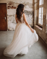 Sheer Lace V Neck Tulle Beach Wedding Dress