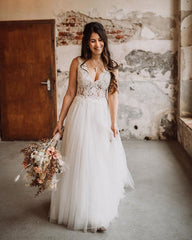 Sheer Lace V Neck Tulle Beach Wedding Dress