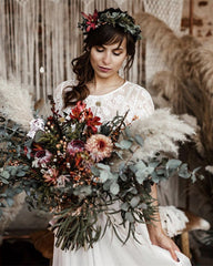Two Piece Boho Wedding Dress Lace Half Sleeves