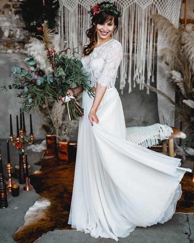 Two Piece Boho Wedding Dress Lace Half Sleeves