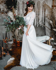 Two Piece Boho Wedding Dress Lace Half Sleeves