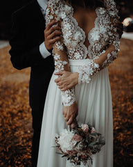 Elegant Boho Wedding Dress Lace Flowers Long Sleeves