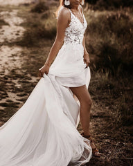Tulle Backless Wedding Boho Dresses Lace V Neck