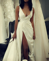 Sheath Wedding Beach Dress Satin Split V Neck