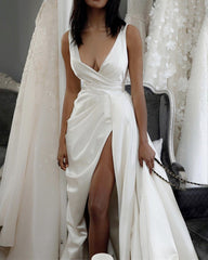 Sheath Wedding Beach Dress Satin Split V Neck
