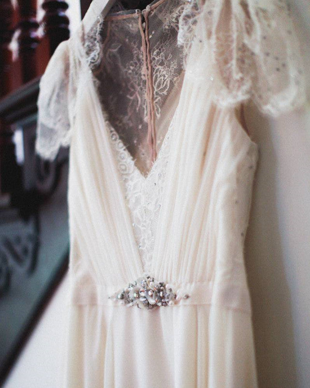 Bohemian Wedding Dress Lace Cap Sleeves