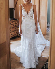 Boho Mermaid Lace V Neck Wedding Dress For Bride