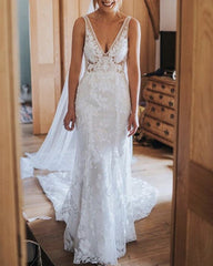 Boho Mermaid Lace V Neck Wedding Dress For Bride