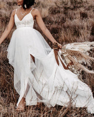 Boho Split Wedding Dress Lace V Neck Tulle Ruffles