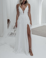 Tulle Split Beach Wedding Dresses V Neck