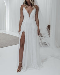 Tulle Split Beach Wedding Dresses V Neck