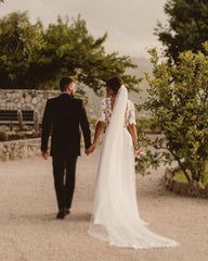 Boho Wedding Dress Satin V Neck Lace Sleeves