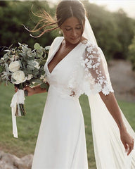Boho Wedding Dress Satin V Neck Lace Sleeves