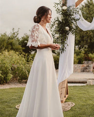 Boho Wedding Dress Satin V Neck Lace Sleeves
