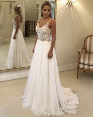 Boho Beach Wedding Chiffon Dresses Lace V Neck