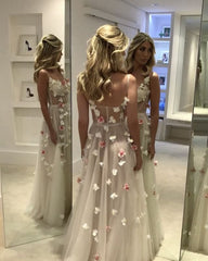 See Through Tulle Wedding Boho Dresses 3D Flowers