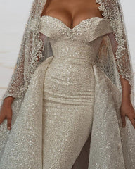 Mermaid Sequins Wedding Dress Off The Shoulder Removable Train