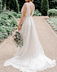 Simple Boho Wedding Dresses Tulle Pleated V Neck
