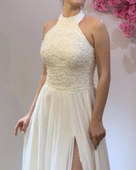 Halter Boho Wedding Dress Lace Appliques Chiffon Split