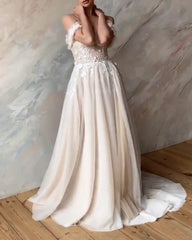 Boho Chic Wedding Dress Tulle Off The Shoulder Embroidery