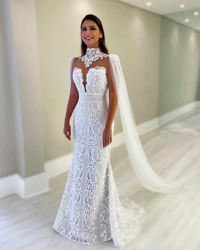 Cape Back Mermaid Wedding Dress Lace Embroidery