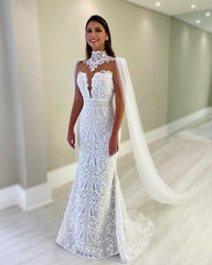 Cape Back Mermaid Wedding Dress Lace Embroidery