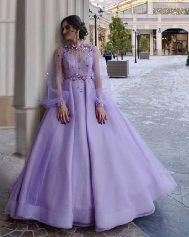 Lavender Tulle Ball Gown Dresses With Embroidery Beaded