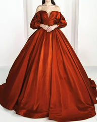 Burnt Orange Ball Gown Satin Puffy Sleeve Dress