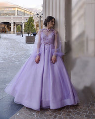 Lavender Tulle Ball Gown Dresses With Embroidery Beaded