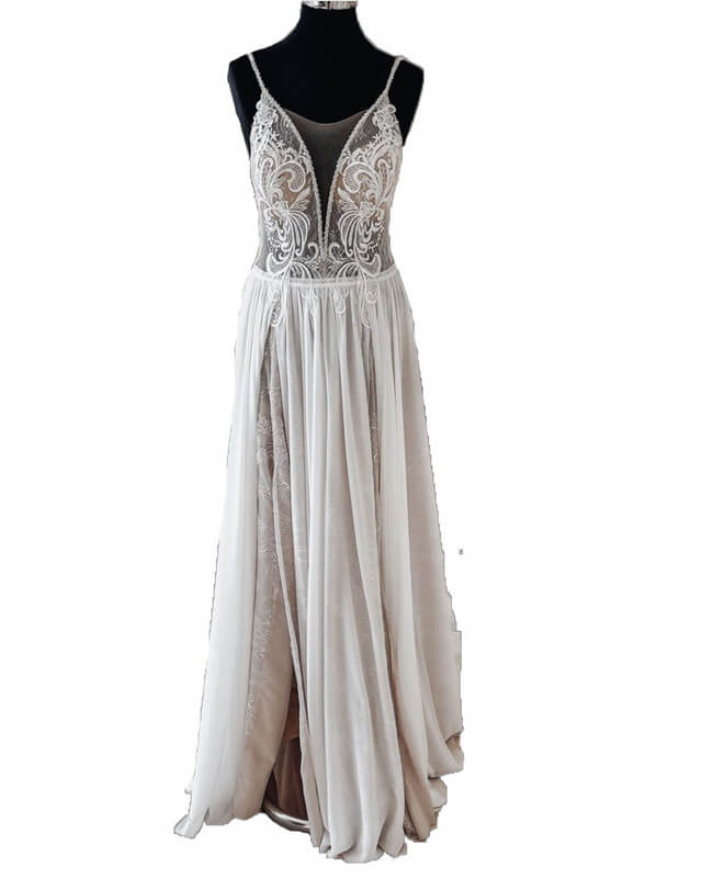Vintage Boho V Neck Split Wedding Dress Lace Embroidery