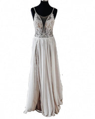 Vintage Boho V Neck Split Wedding Dress Lace Embroidery