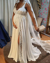 Chic Chiffon Pregnant Wedding Dresses Lace Embroidery V-neck