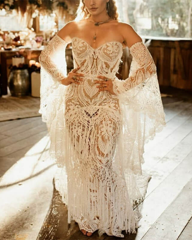 Vintage Boho Lace Wedding Dress Puffy Sleeves