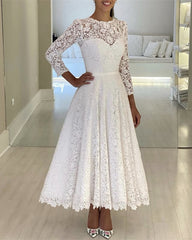 Modest Tea Length Lace Wedding Dresses With Sleeve