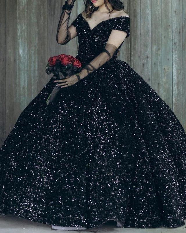 Black Sequin Ball Gown Wedding Dress - RongMoon