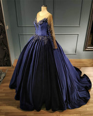 Navy Blue Velvet Ball Gown Long Sleeve Dress