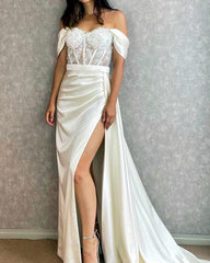 White Mermaid Corset Prom Dresses Split