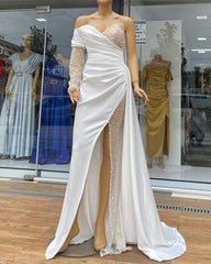 White Mermaid Split Satin And Beaded One Shoulder Dresses