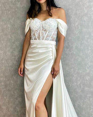 White Mermaid Corset Prom Dresses Split