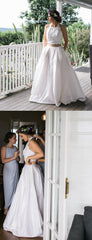 White Lace Satin Two Piece Halter With Pocket Wedding Dresses ,DB0178