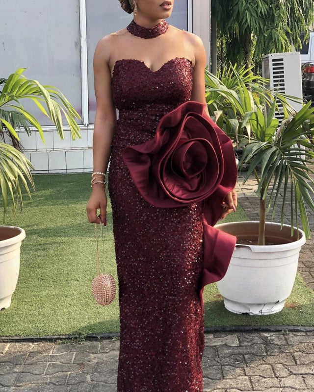 Wine Red Mermaid Sequin Prom Dresses High Neck