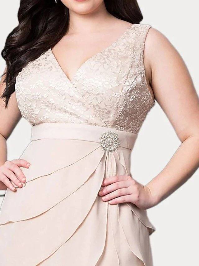 Two Piece Sheath / Column Mother of the Bride Dress Elegant V Neck Knee Length Chiffon Lace 3/4 Length Sleeve with Embroidery Cascading Ruffles - RongMoon