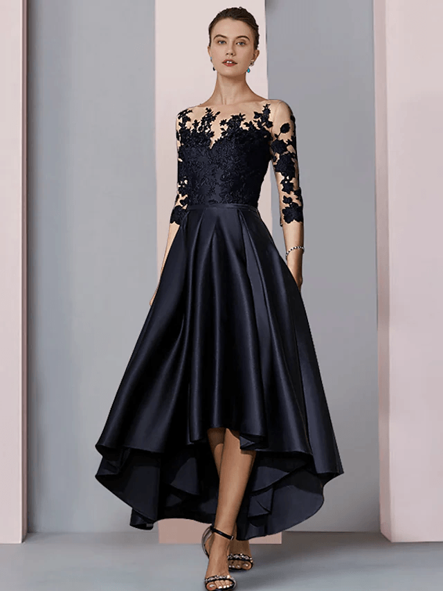 A-Line Mother of the Bride Dress Wedding Guest Elegant High Low Scoop Neck Asymmetrical Tea Length Satin Lace - RongMoon