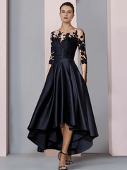 A-Line Mother of the Bride Dress Wedding Guest Elegant High Low Scoop Neck Asymmetrical Tea Length Satin Lace - RongMoon