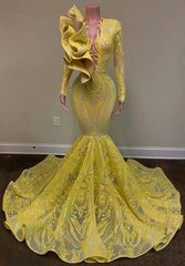 Yellow Robe De Soiree Mermaid Long Sleeves Appliques Sequins Long Prom Dresses Prom Gown Evening Dresses - RongMoon