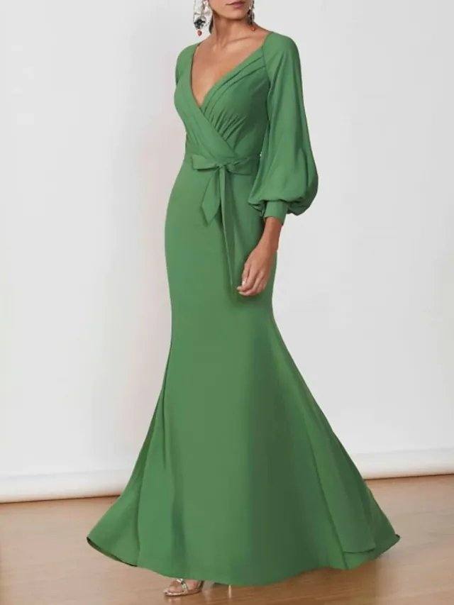 Mermaid / Trumpet Minimalist Elegant Wedding Guest Formal Evening Dress V Neck 3/4 Length Sleeve Floor Length Chiffon with Sash / Ribbon - RongMoon