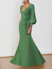 Mermaid / Trumpet Minimalist Elegant Wedding Guest Formal Evening Dress V Neck 3/4 Length Sleeve Floor Length Chiffon with Sash / Ribbon - RongMoon