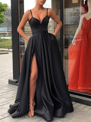 A-Line/Princess Sleeveless Straps Sweep/Brush Train Ruffles Satin Dresses - RongMoon