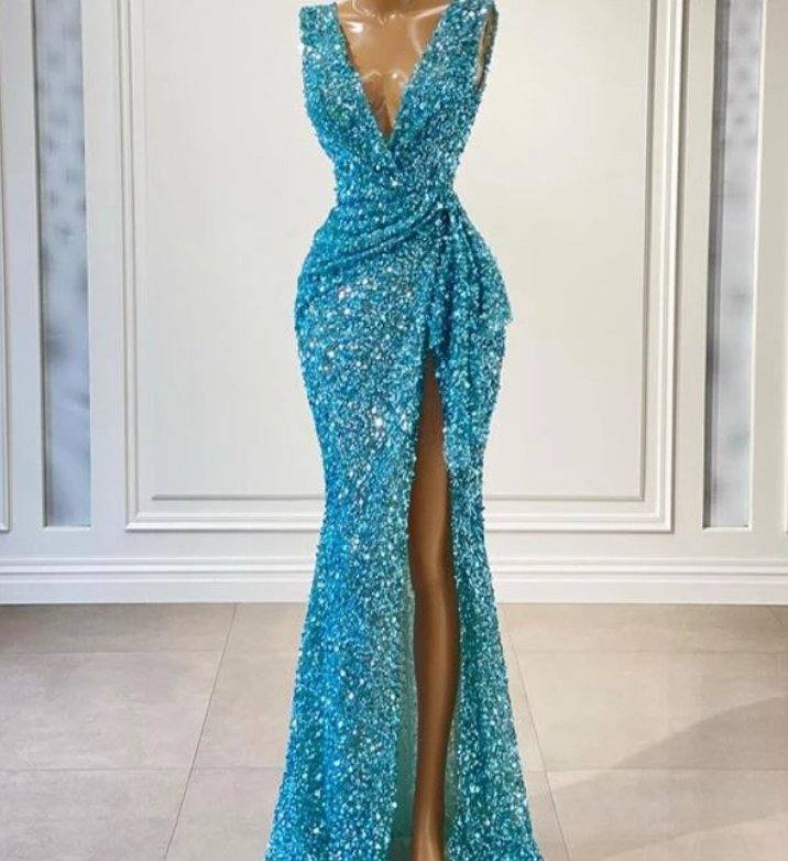 Blue Robe De Soiree Mermaid Deep V-neck Sequins Sparkle Slit Sexy Long Prom Dresses Prom Gown Evening Dresses - RongMoon