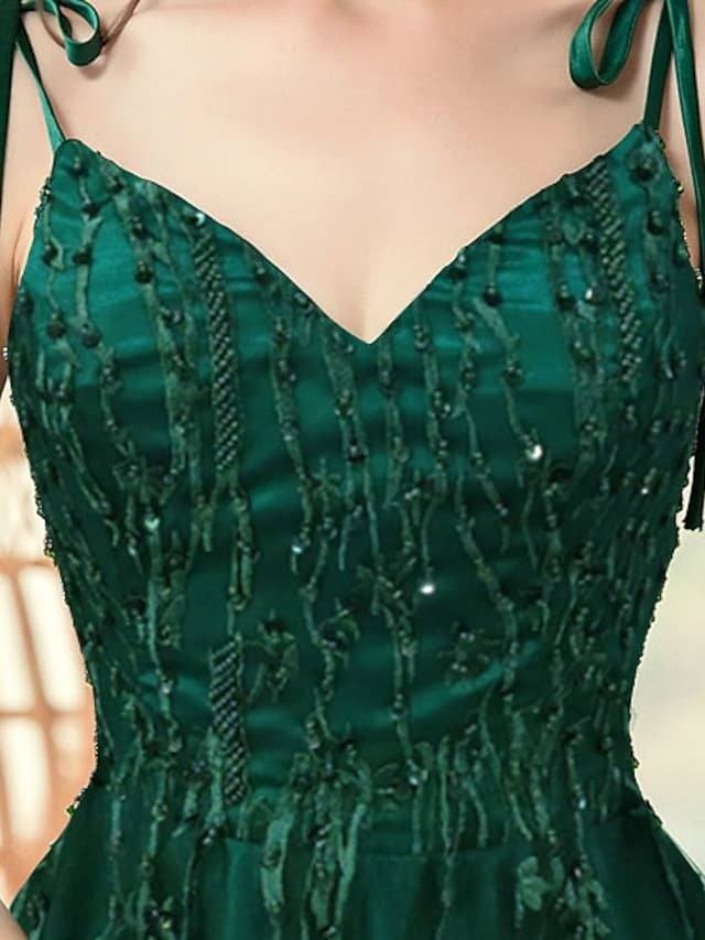 A-Line Elegant Engagement Formal Evening Dress Spaghetti Strap Sleeveless Sweep / Brush Train Polyester with Beading Embroidery - RongMoon